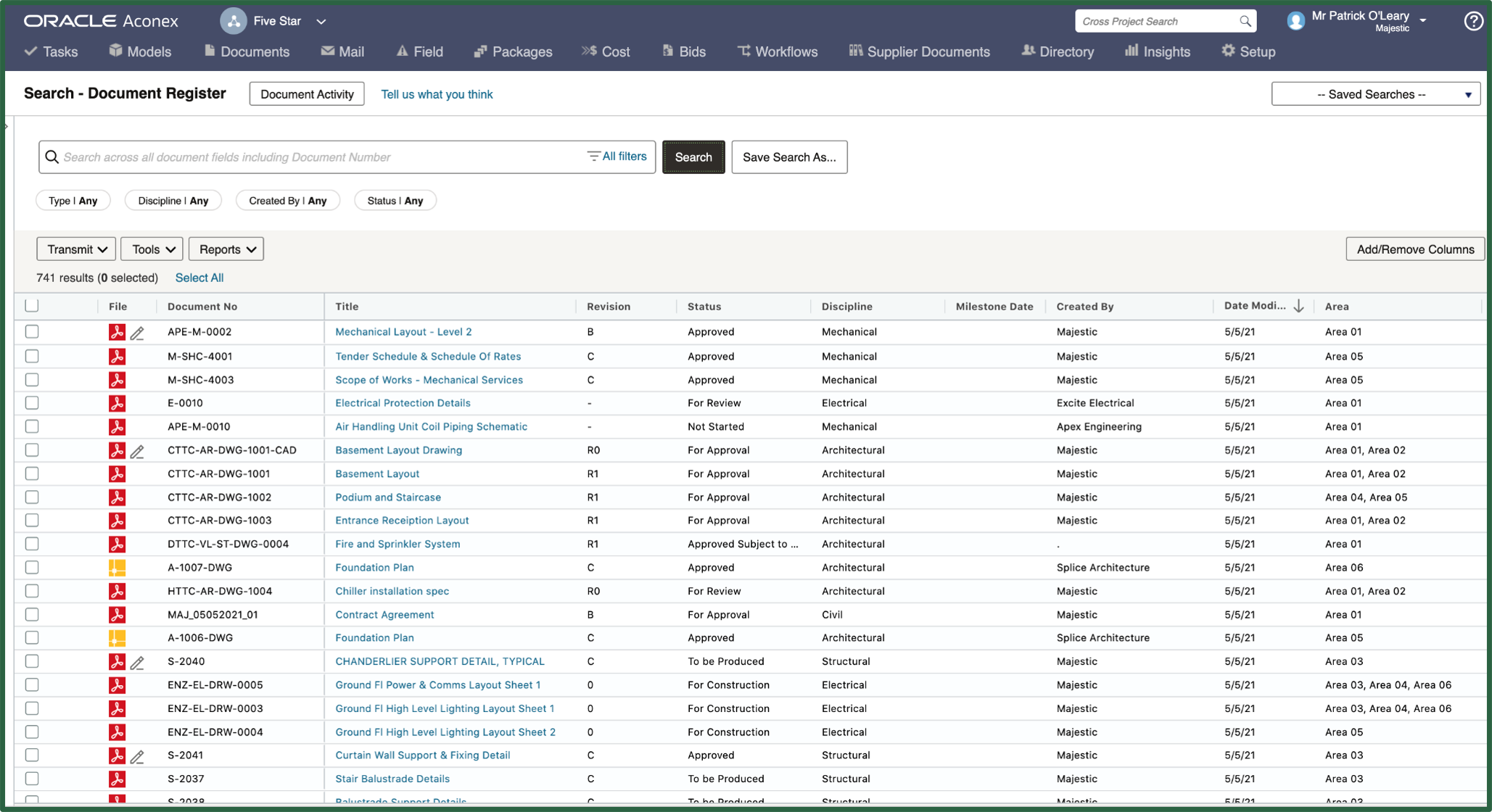 Screenshot Aconex: Tool mit Dokumentenübersicht